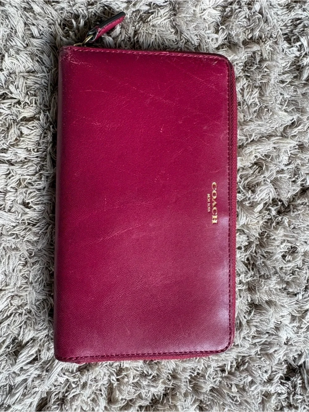 Coach Dark Red Pink Zip-Around Leather Wallet